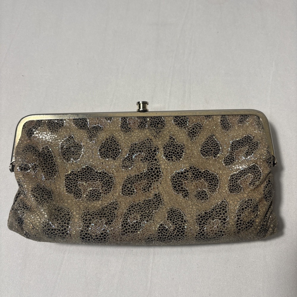 Hobo International Lauren Clutch Wallet Metallic Leopard Leather Double Frame